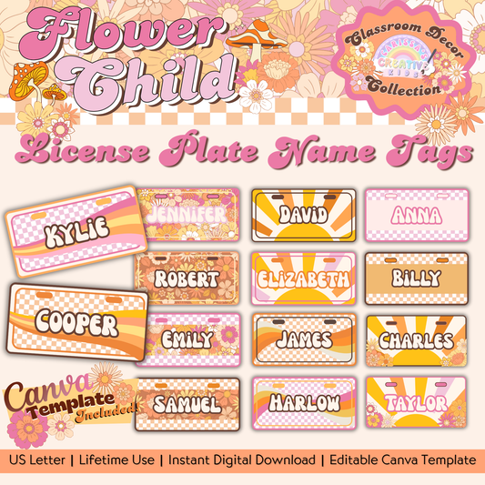 A preview of the Flower Child License Plate Name Tags featuring 14 retro designs in pink, orange, beige, brown, and yellow. Perfect for Groovy Classroom Decor Theme!
