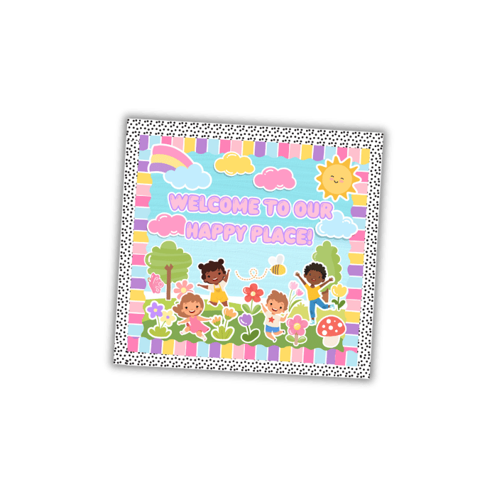 Colorful classroom bulletin board featuring happy children playing outdoors with flowers, trees, and a rainbow. The center text reads, "Welcome to Our Happy Place!" surrounded by bright, playful designs and a striped pastel border.