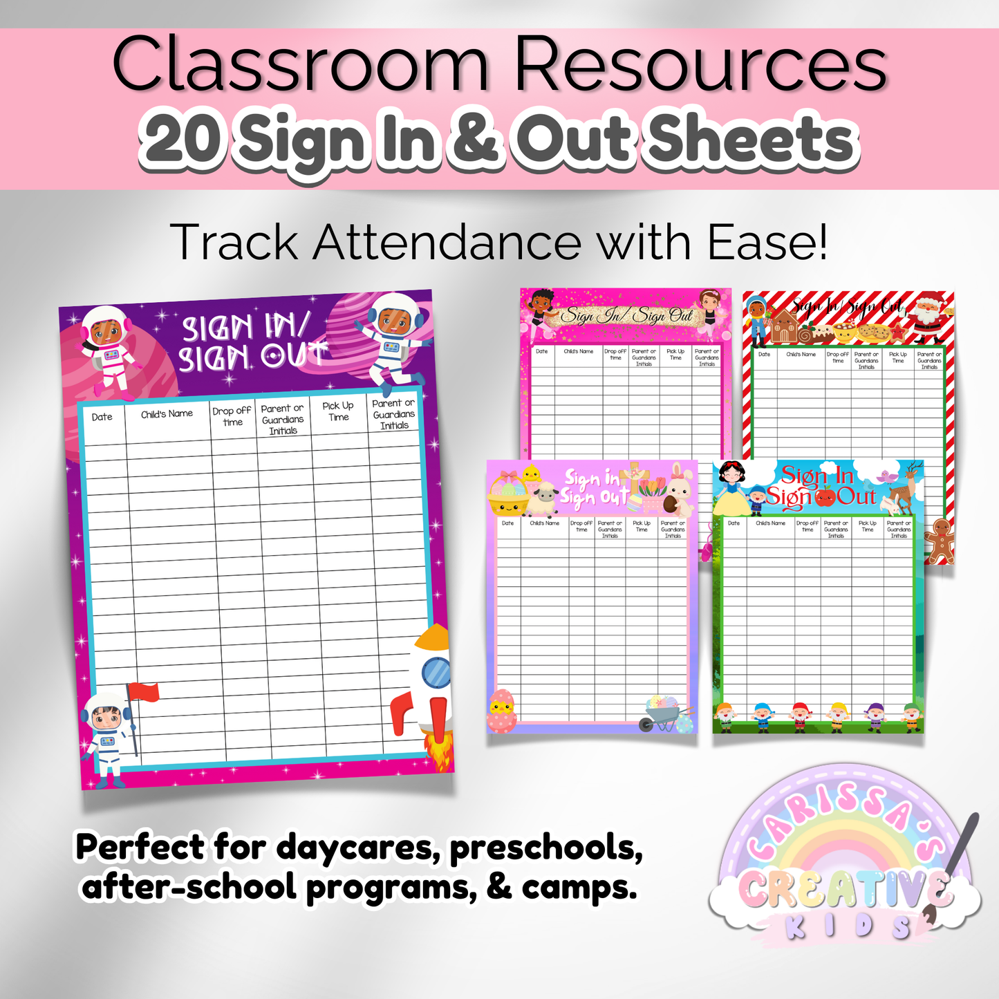A set of five printable daycare sign-in sheets, including playful themes like dinosaurs, rainbows, and building blocks, designed to make attendance tracking fun for kids.