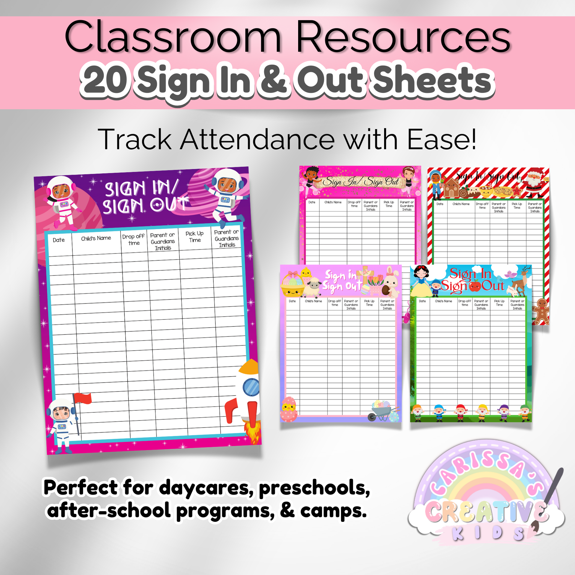 A set of five printable daycare sign-in sheets, including playful themes like dinosaurs, rainbows, and building blocks, designed to make attendance tracking fun for kids.