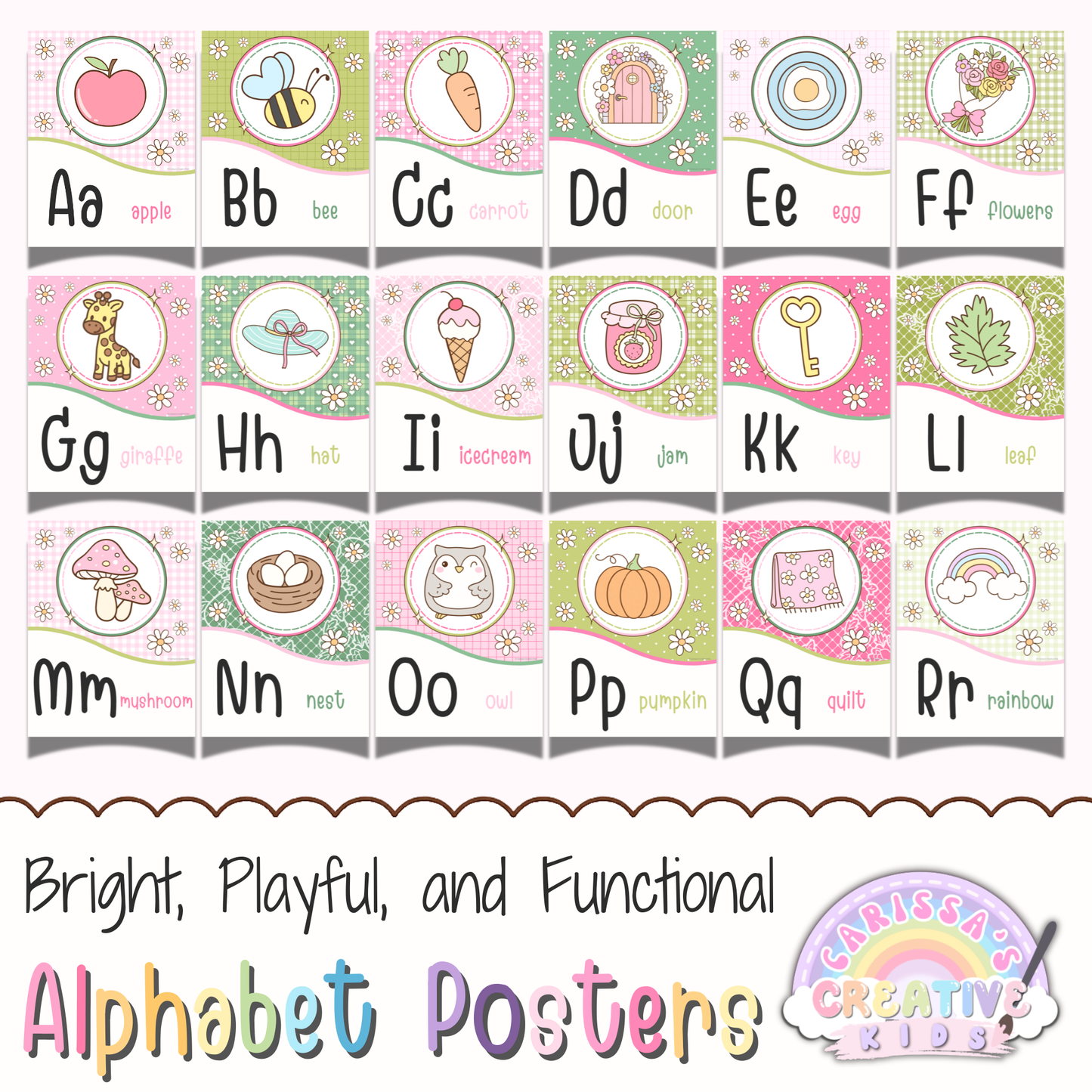 Full Goose Berry alphabet posters set for pastel classroom decor featuring printable A to Z wall art for preschool, kindergarten, daycare, and early literacy learning spaces.