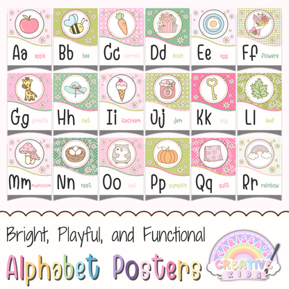 Full Goose Berry alphabet posters set for pastel classroom decor featuring printable A to Z wall art for preschool, kindergarten, daycare, and early literacy learning spaces.