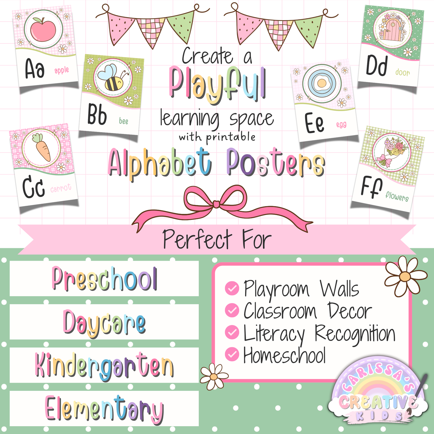 Features of Goose Berry alphabet posters printable for classroom decor, including full A to Z alphabet set, two poster styles, US Letter size, and editable Canva text template for preschool and kindergarten.