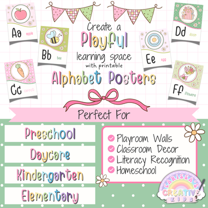 Features of Goose Berry alphabet posters printable for classroom decor, including full A to Z alphabet set, two poster styles, US Letter size, and editable Canva text template for preschool and kindergarten.