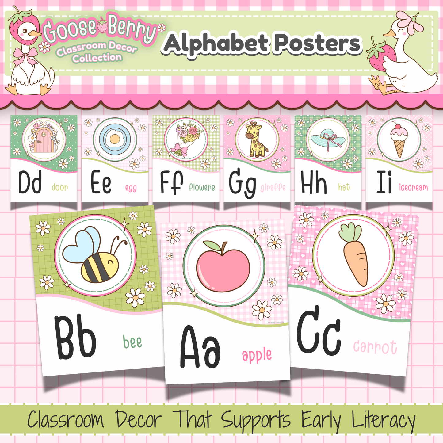 Goose Berry alphabet posters printable for preschool and kindergarten classroom decor featuring pastel classroom wall art with A–Z letter posters for daycare, homeschool, and early literacy spaces.