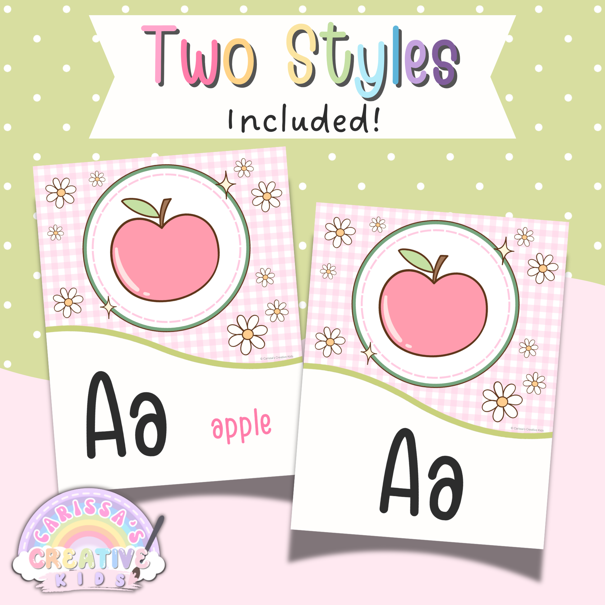 Goose Berry alphabet posters printable with two styles included for pastel classroom decor, featuring A to Z preschool wall art with and without word labels for daycare and kindergarten.