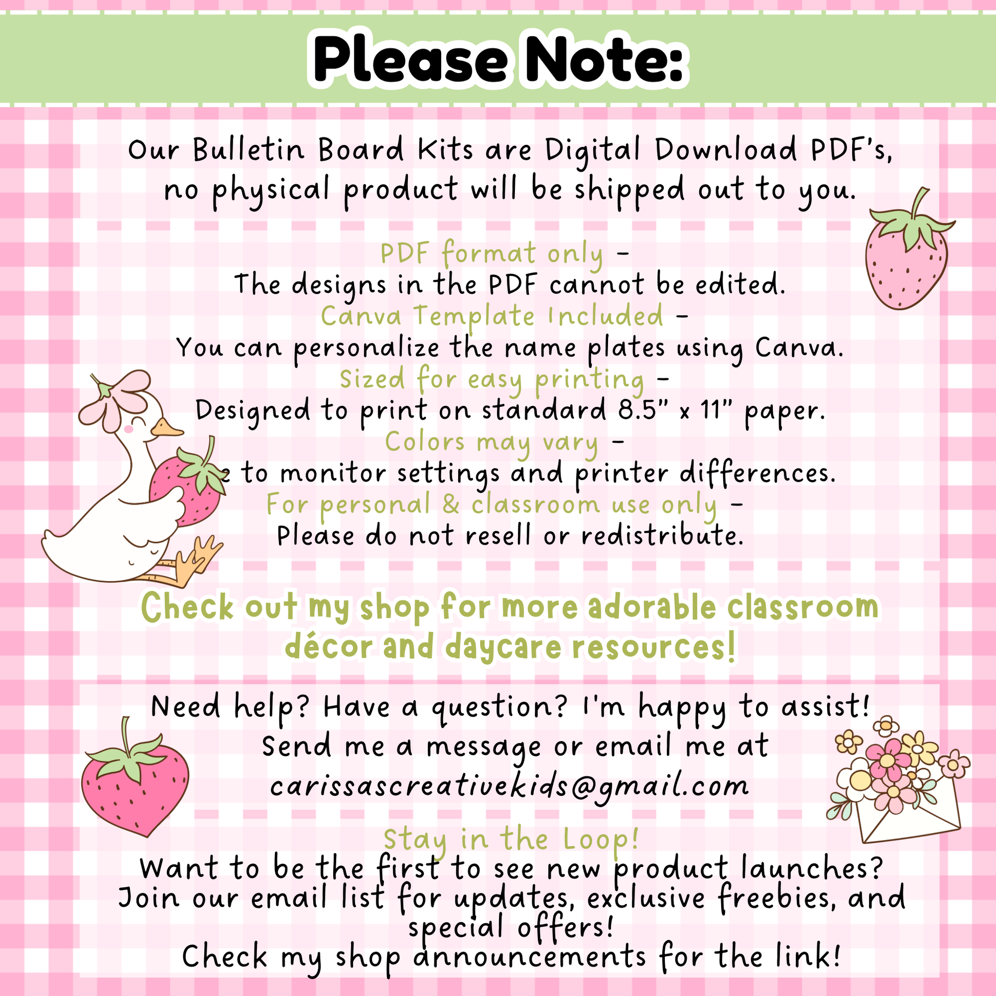 Important download notice for the Goose-Berry Patch Bulletin Board Kit. Highlights that this is a digital PDF only, includes editable Canva templates for name plates, prints on US letter paper, and is for classroom or personal use. No physical item will be shipped.
