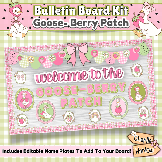 Main preview image of the Goose-Berry Patch Bulletin Board Kit featuring a whimsical classroom display in pastel pinks and greens. Includes the text “Welcome to the Goose-Berry Patch” surrounded by geese, strawberries, bunting, and editable name plates. Designed for preschool, daycare, or early childhood classrooms.