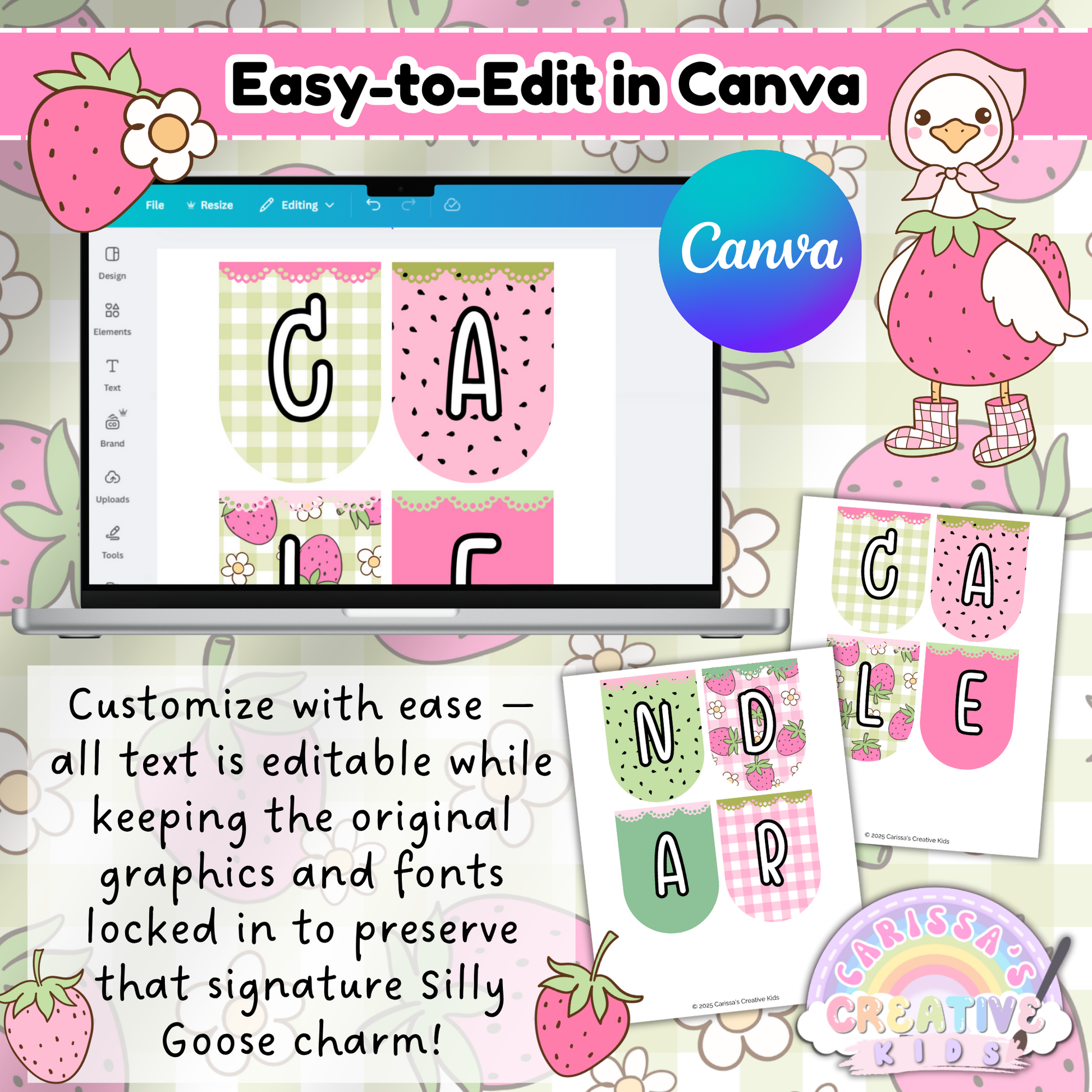Editable Goose-Berry Classroom Calendar Banner in Canva – Customize Letters and Text for Preschool and Daycare Silly Goose Theme