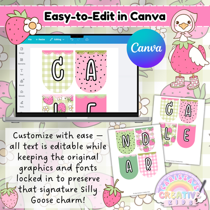 Editable Goose-Berry Classroom Calendar Banner in Canva – Customize Letters and Text for Preschool and Daycare Silly Goose Theme