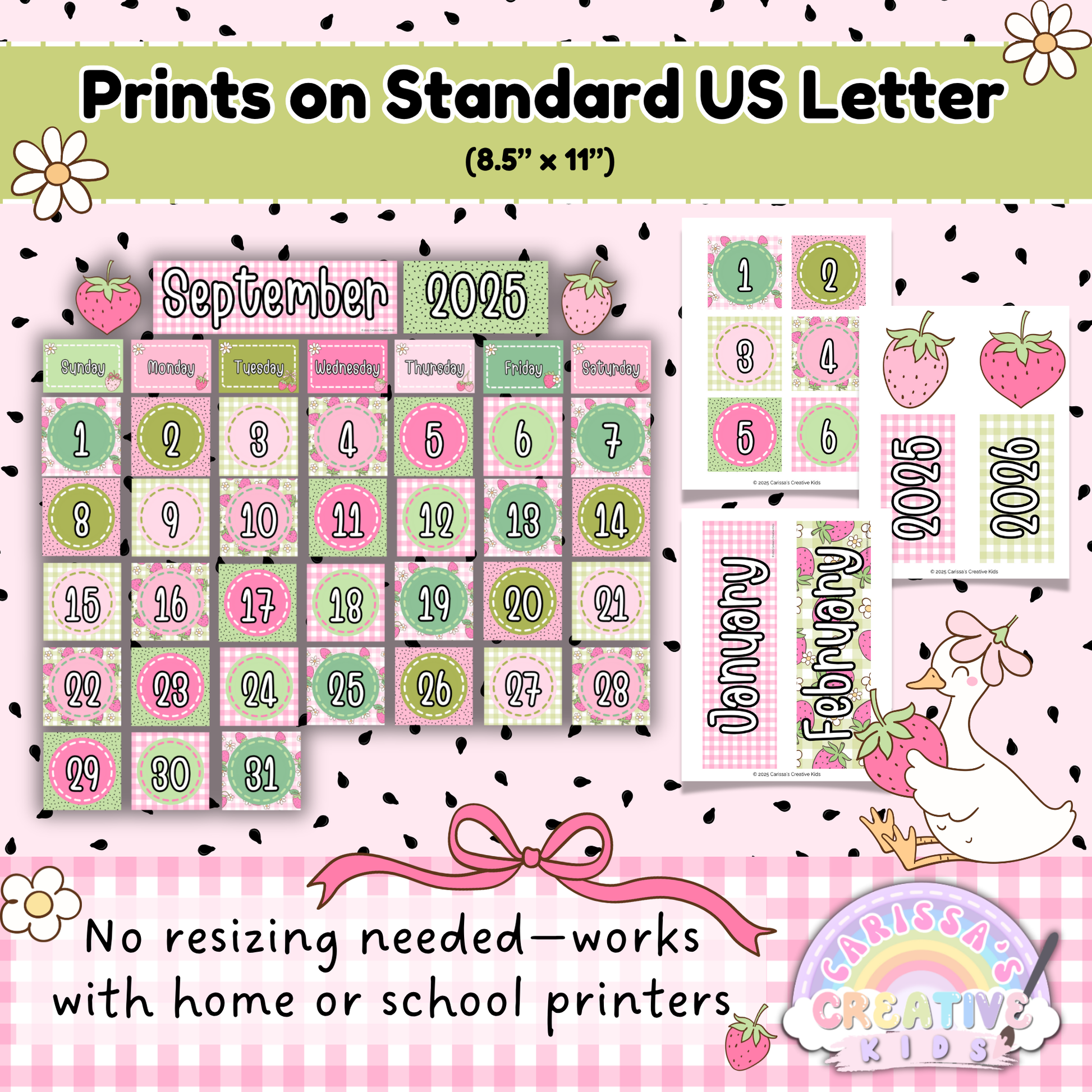 Printable Goose-Berry Classroom Calendar – Prints on Standard US Letter Paper for Easy Home or School Printing in Preschool and Daycare