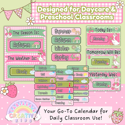Preschool and Daycare Calendar Cards – Goose-Berry Theme Printable for Weather, Seasons, and Daily Routine with Editable Headers