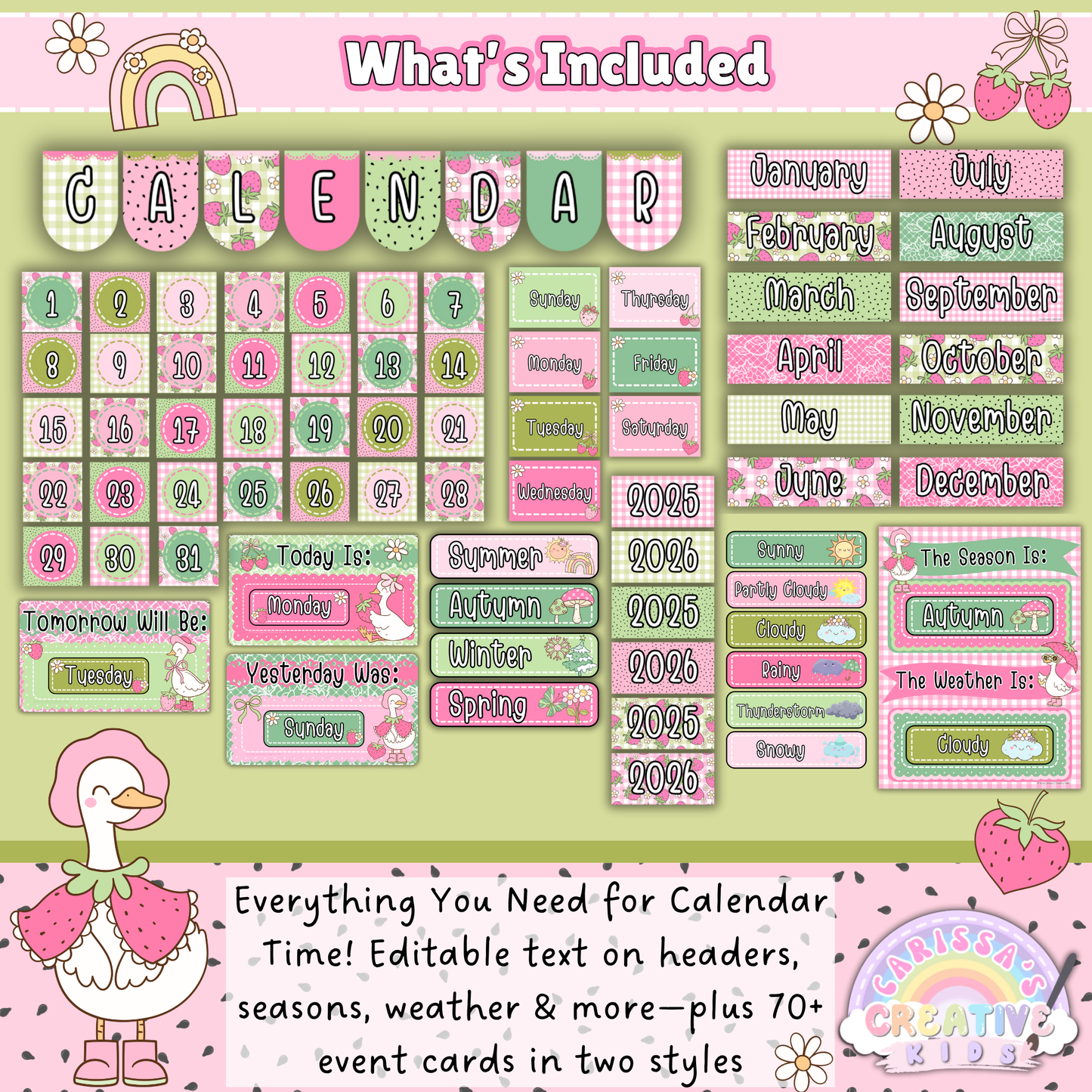 Editable Goose-Berry Classroom Calendar Kit – Includes Months, Days, Years, Seasons, Weather Cards, and Over 70 Event Cards in Silly Goose Decor for Preschool and Daycare