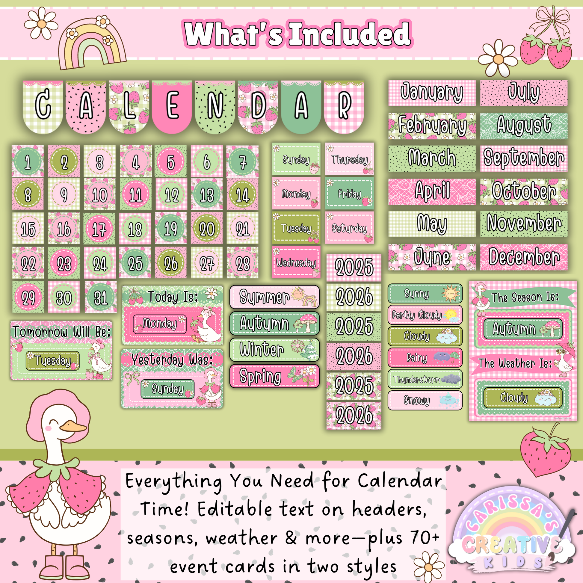 Editable Goose-Berry Classroom Calendar Kit – Includes Months, Days, Years, Seasons, Weather Cards, and Over 70 Event Cards in Silly Goose Decor for Preschool and Daycare