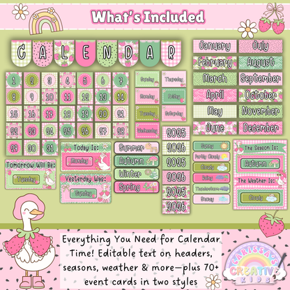 Editable Goose-Berry Classroom Calendar Kit – Includes Months, Days, Years, Seasons, Weather Cards, and Over 70 Event Cards in Silly Goose Decor for Preschool and Daycare