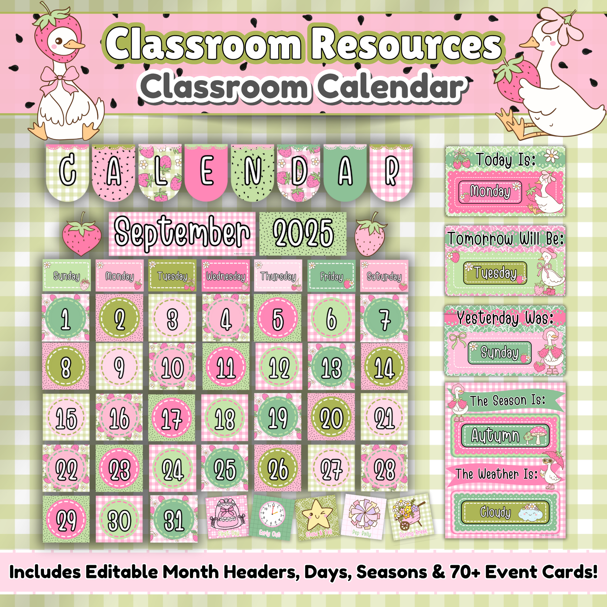 Goose-Berry Theme Classroom Calendar Printable for Preschool and Daycare – Editable Month Headers, Days, Weather, and Seasons in Silly Goose Decor with Gingham Background