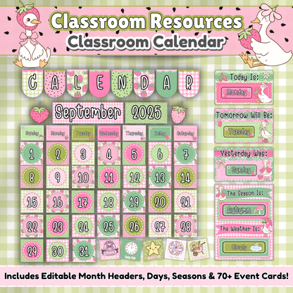 Goose-Berry Theme Classroom Calendar Printable for Preschool and Daycare – Editable Month Headers, Days, Weather, and Seasons in Silly Goose Decor with Gingham Background