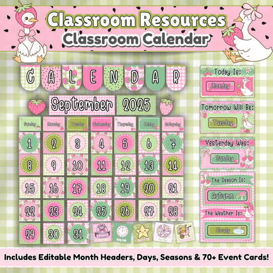Goose-Berry Theme Classroom Calendar Printable for Preschool and Daycare – Editable Month Headers, Days, Weather, and Seasons in Silly Goose Decor with Gingham Background