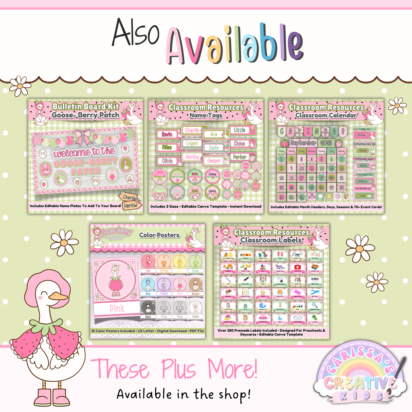 Related Goose Berry classroom decor collection featuring matching printable resources for daycare, preschool, and kindergarten, including bulletin board kits, labels, posters, and classroom calendar sets.
