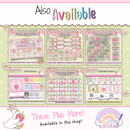 Related Goose Berry classroom decor collection featuring matching printable resources for preschool, kindergarten, and homeschool, including bulletin board kits, name tags, calendars, labels, color posters, and alphabet posters.