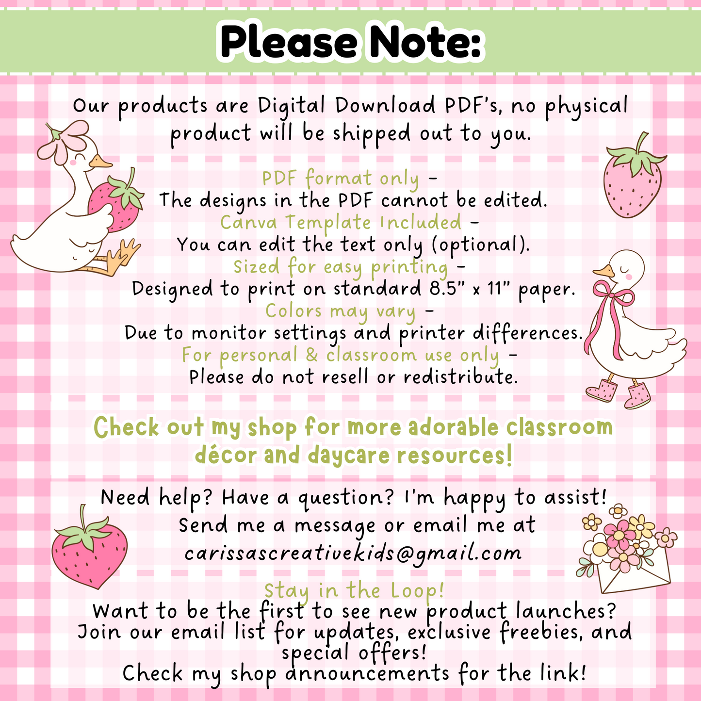 Important notice for Goose-Berry Classroom Labels product, shown in a pastel strawberry theme. Highlights that this is a digital PDF download with editable Canva templates. Text can be customized, but graphics and design remain locked. Designed for US Letter printing. Includes terms of use and contact info. No physical items are shipped.