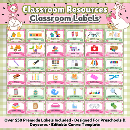 Main preview image for the Goose-Berry Classroom Labels resource by Carissa’s Creative Kids. Features over 250 printable labels with pastel strawberry and goose-themed borders. Designed for preschool, daycare, and early childhood spaces with editable Canva templates included for customization. Pink and green color scheme.