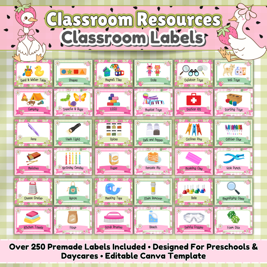 Main preview image for the Goose-Berry Classroom Labels resource by Carissa’s Creative Kids. Features over 250 printable labels with pastel strawberry and goose-themed borders. Designed for preschool, daycare, and early childhood spaces with editable Canva templates included for customization. Pink and green color scheme.