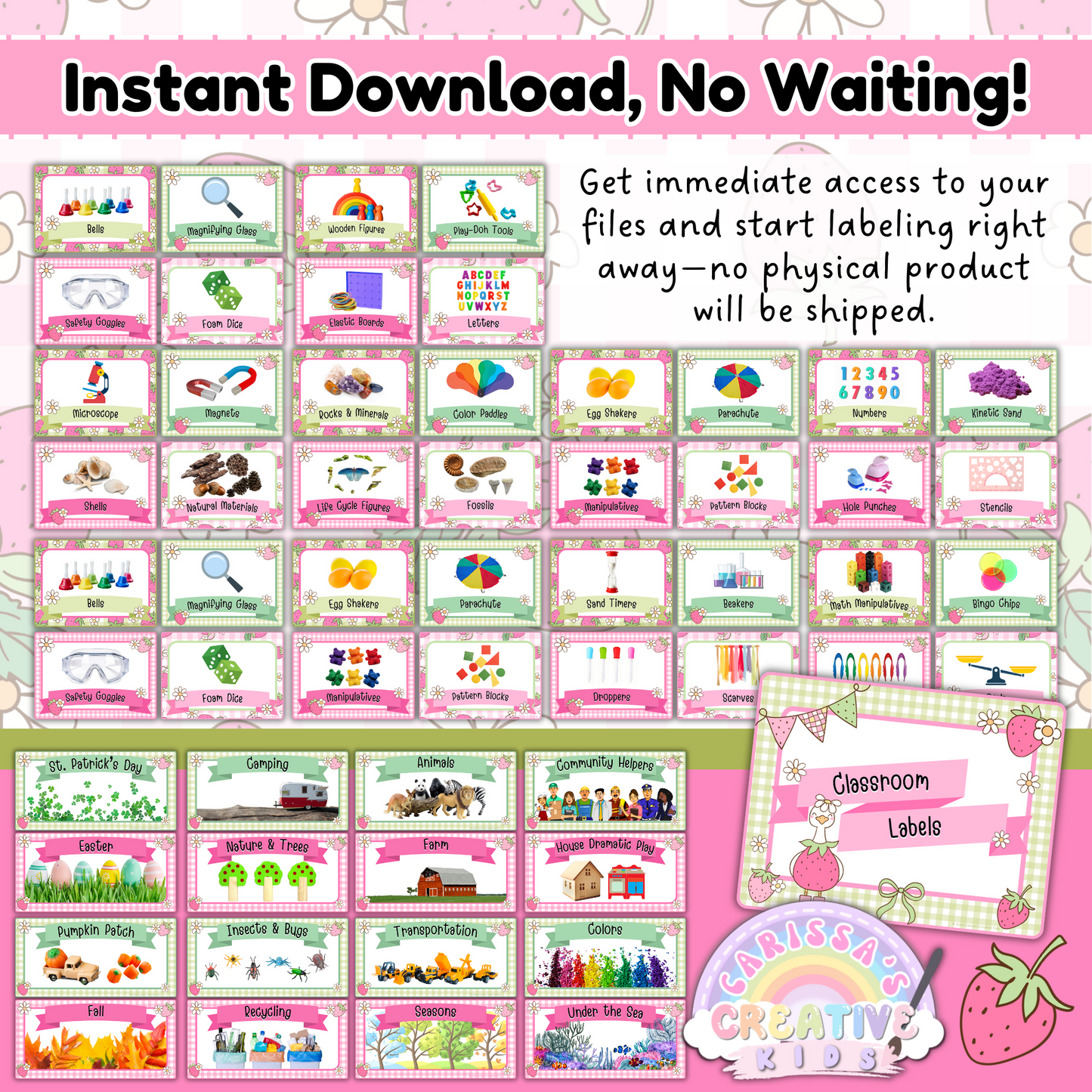 Classroom Labels from the Goose-Berry Collection shown with a pink and green strawberry theme. Includes over 60 printable labels for various classroom zones, toys, and seasonal themes. Organized into a Canva-editable PDF for instant access—no physical product. Great for preschool, daycare, or playroom use with cute geese, fruit motifs, and gingham accents.