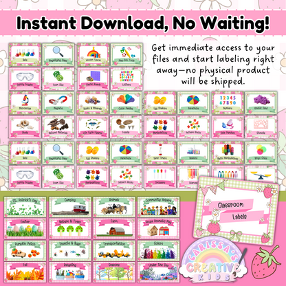 Classroom Labels from the Goose-Berry Collection shown with a pink and green strawberry theme. Includes over 60 printable labels for various classroom zones, toys, and seasonal themes. Organized into a Canva-editable PDF for instant access—no physical product. Great for preschool, daycare, or playroom use with cute geese, fruit motifs, and gingham accents.