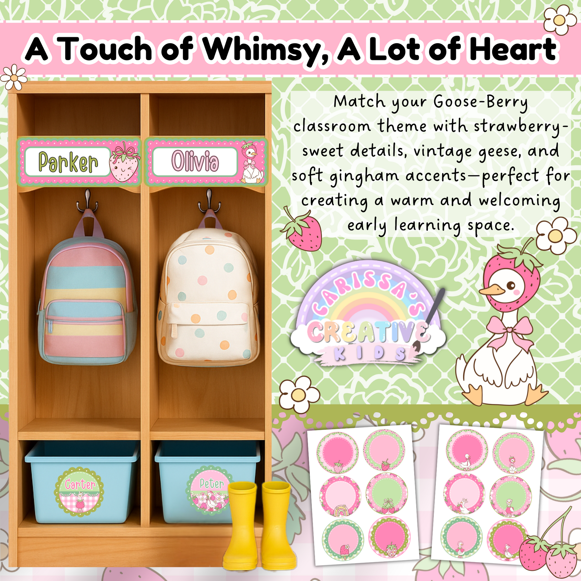 Goose-Berry name tags displayed on cubbies and bins in a preschool classroom. Features pastel pink and green gingham accents, strawberry details, and vintage goose illustrations.