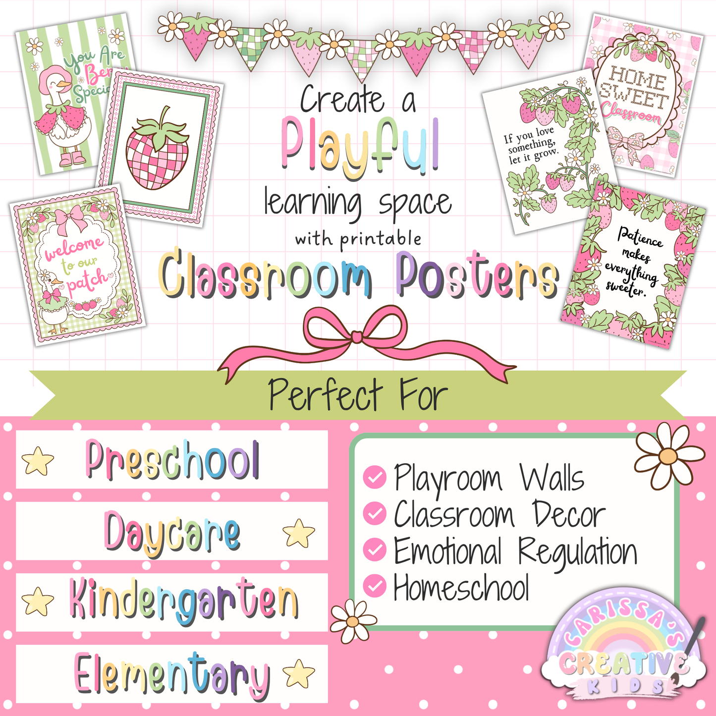 Goose Berry Classroom Posters printable wall art for preschool, daycare, kindergarten, and elementary classrooms, featuring pastel silly goose decor, strawberry accents, classroom posters, playroom decor, and bulletin board display ideas.