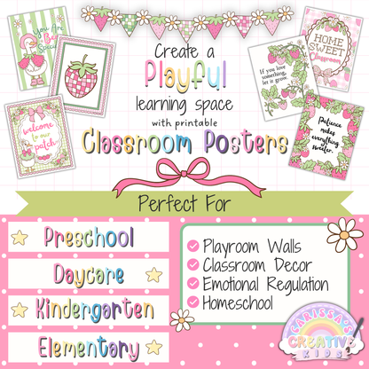 Goose Berry Classroom Posters printable wall art for preschool, daycare, kindergarten, and elementary classrooms, featuring pastel silly goose decor, strawberry accents, classroom posters, playroom decor, and bulletin board display ideas.