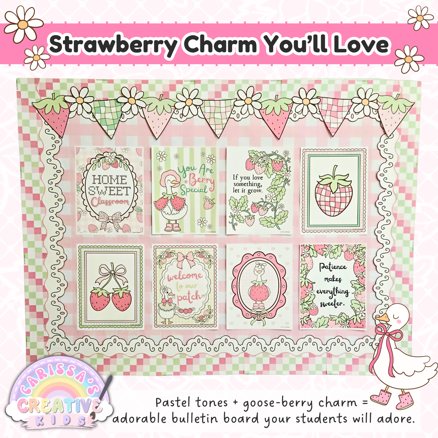 Goose Berry Classroom Posters printable classroom decor with pastel strawberry charm, silly goose wall art, bulletin board display, positive classroom posters, and playful daycare or playroom decor.