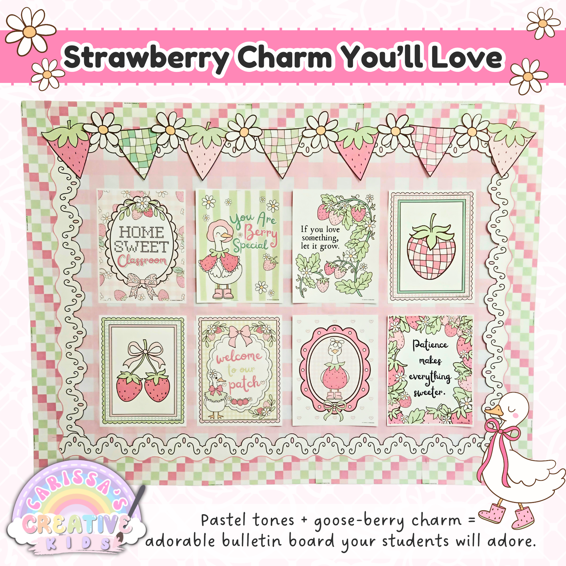 Goose Berry Classroom Posters printable classroom decor with pastel strawberry charm, silly goose wall art, bulletin board display, positive classroom posters, and playful daycare or playroom decor.