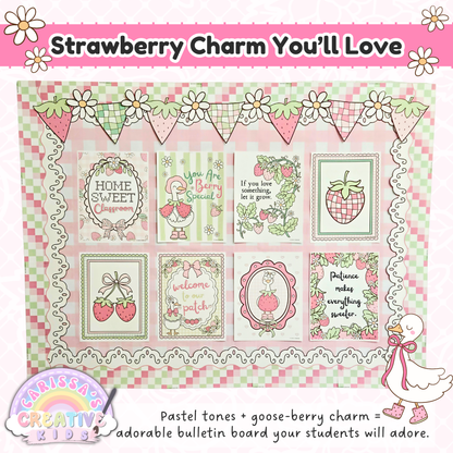 Goose Berry Classroom Posters printable classroom decor with pastel strawberry charm, silly goose wall art, bulletin board display, positive classroom posters, and playful daycare or playroom decor.
