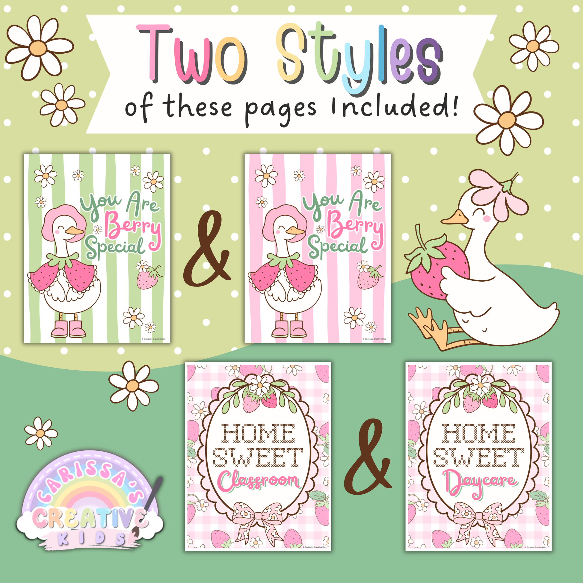 Goose Berry Classroom Posters with two included poster styles featuring pastel silly goose decor, pink and green classroom posters, strawberry accents, and printable wall art for daycare, preschool, playroom, or bulletin board displays.