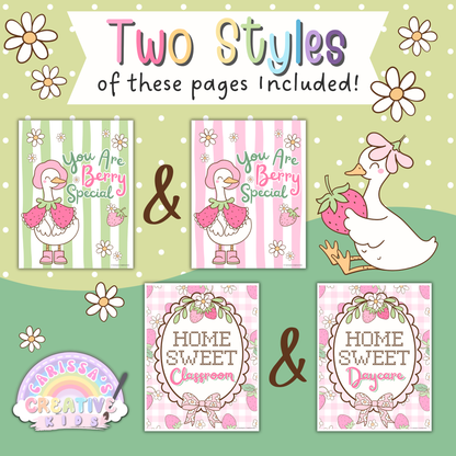 Goose Berry Classroom Posters with two included poster styles featuring pastel silly goose decor, pink and green classroom posters, strawberry accents, and printable wall art for daycare, preschool, playroom, or bulletin board displays.