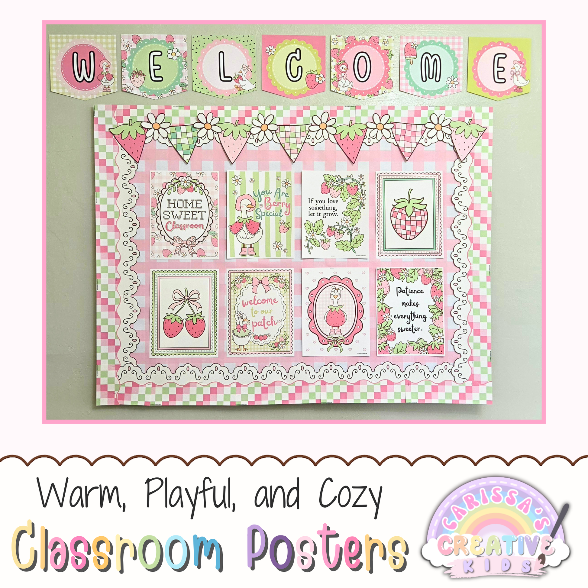 Goose Berry Classroom Posters displayed as pastel silly goose classroom decor with welcome banner, strawberry accents, bulletin board display, printable wall art, and cozy playroom decor.