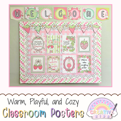 Goose Berry Classroom Posters displayed as pastel silly goose classroom decor with welcome banner, strawberry accents, bulletin board display, printable wall art, and cozy playroom decor.