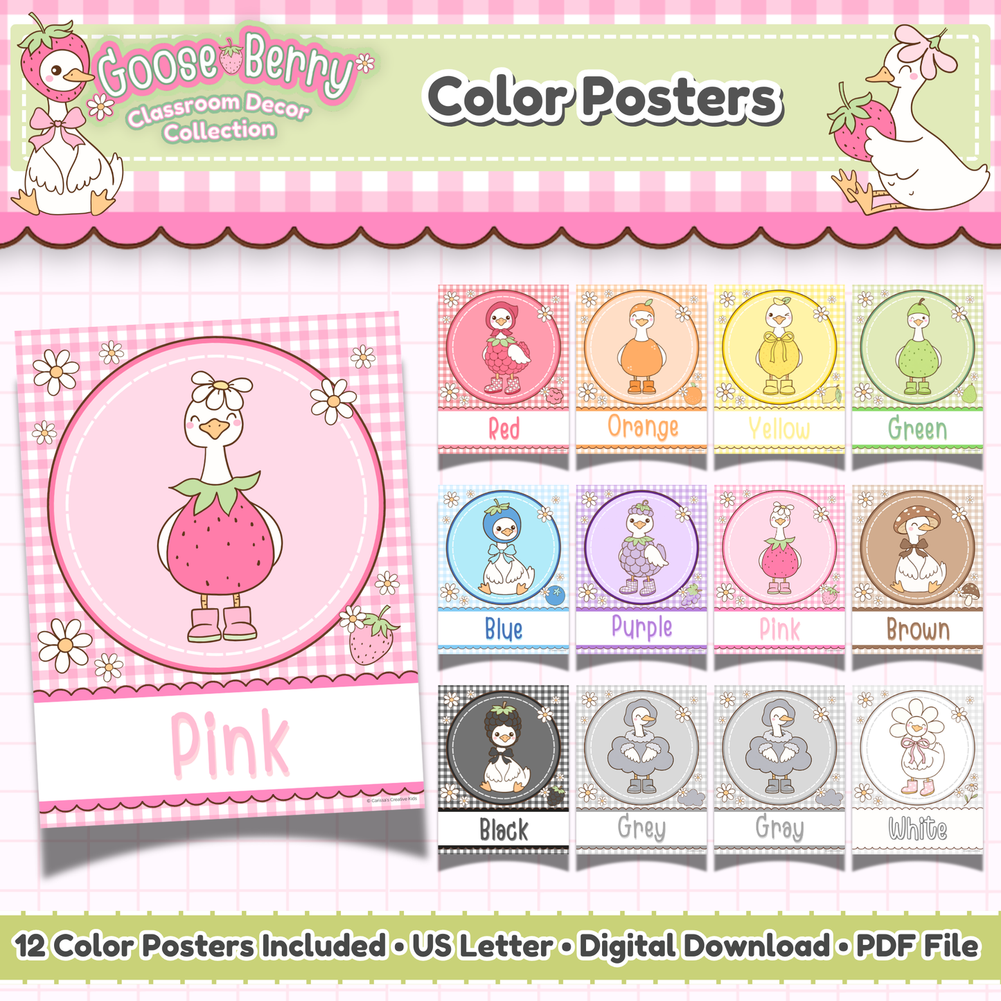 Goose-Berry classroom color posters printable set featuring silly goose pastel classroom decor with 12 color posters for preschool classroom, infant classroom, nursery decor, playroom decor, and classroom wall decor.