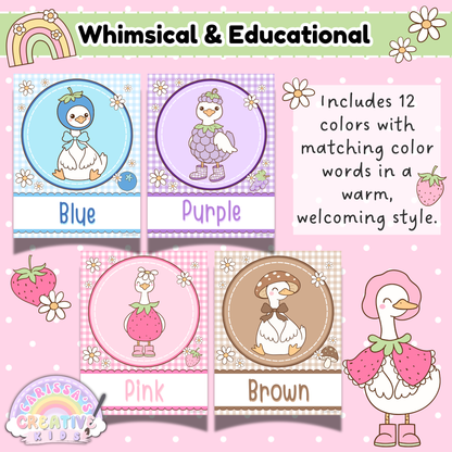 Whimsical Goose-Berry color posters featuring blue, purple, pink, and brown printable classroom posters for preschool classroom wall decor, nursery decor, and playful silly goose classroom theme displays.