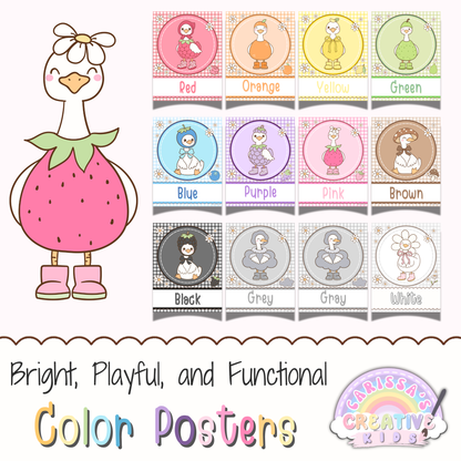 Goose-Berry color posters for preschool classroom wall decor featuring silly goose classroom theme with pastel printable classroom posters to help toddlers and preschoolers recognize colors.