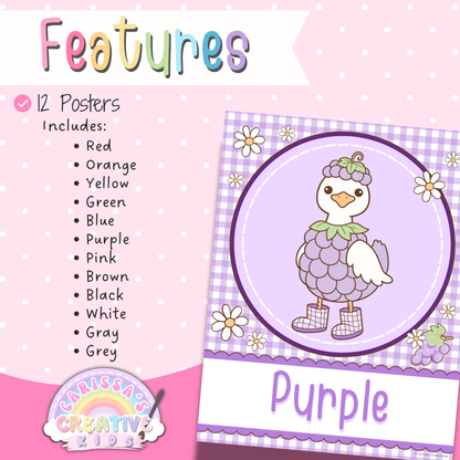 Features of Goose Berry color posters printable for classroom decor, including 12 pastel color posters for preschool, infant classroom, nursery wall art, playroom decor, and silly goose classroom theme displays.