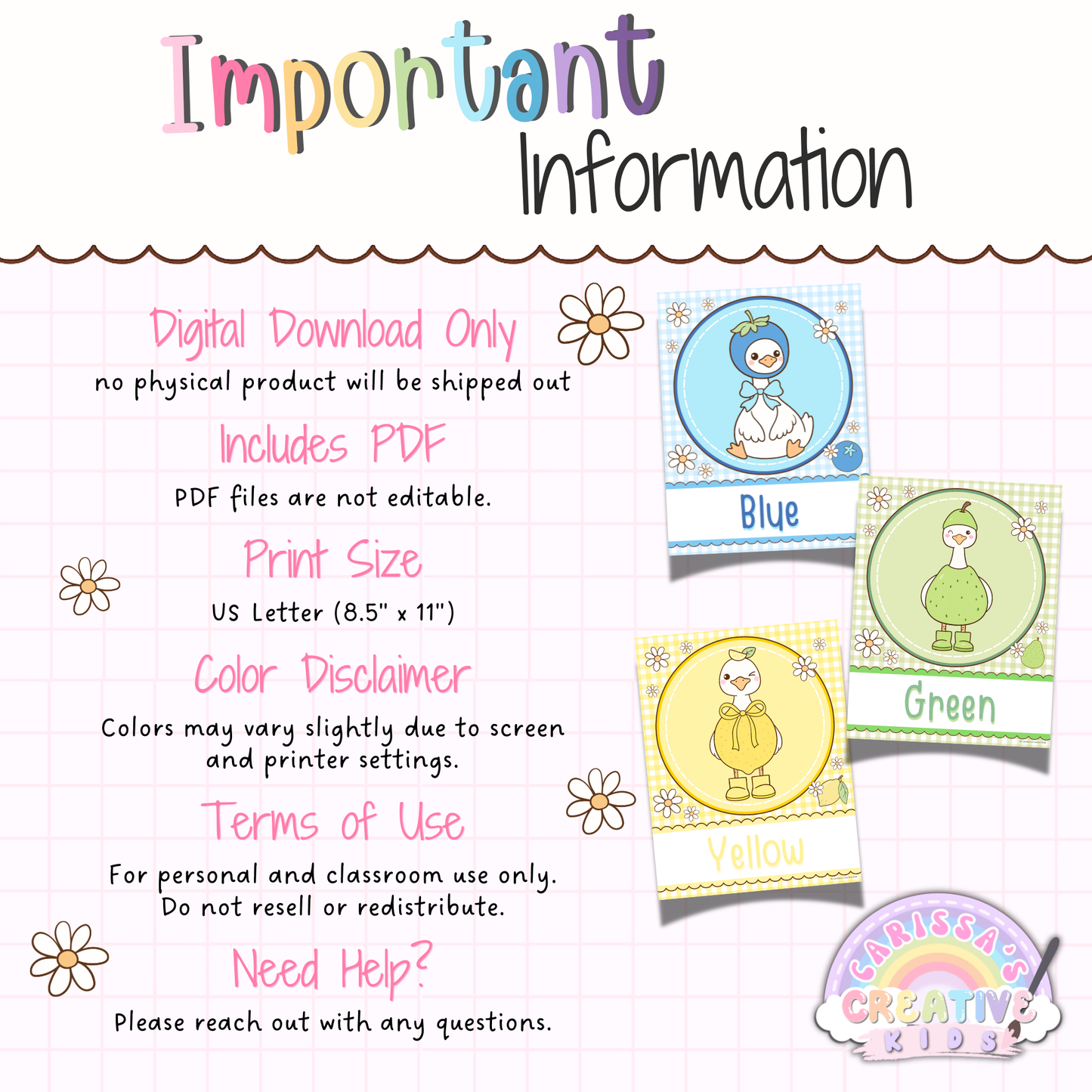 Important information for Goose Berry color posters printable, including digital download details, PDF access, US Letter print size, and classroom use terms for preschool, nursery, and infant classroom decor.