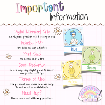Important information for Goose Berry color posters printable, including digital download details, PDF access, US Letter print size, and classroom use terms for preschool, nursery, and infant classroom decor.