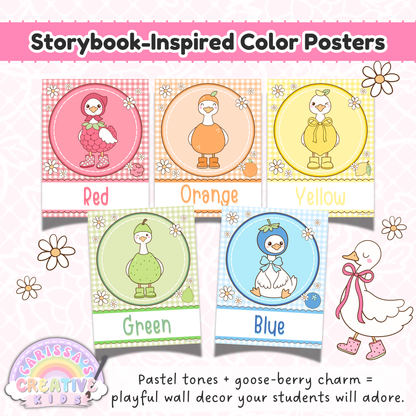 Storybook-inspired Goose-Berry color posters featuring red, orange, yellow, green, and blue printable classroom posters in a pastel silly goose classroom theme for preschool classroom, nursery wall art, and playroom decor.