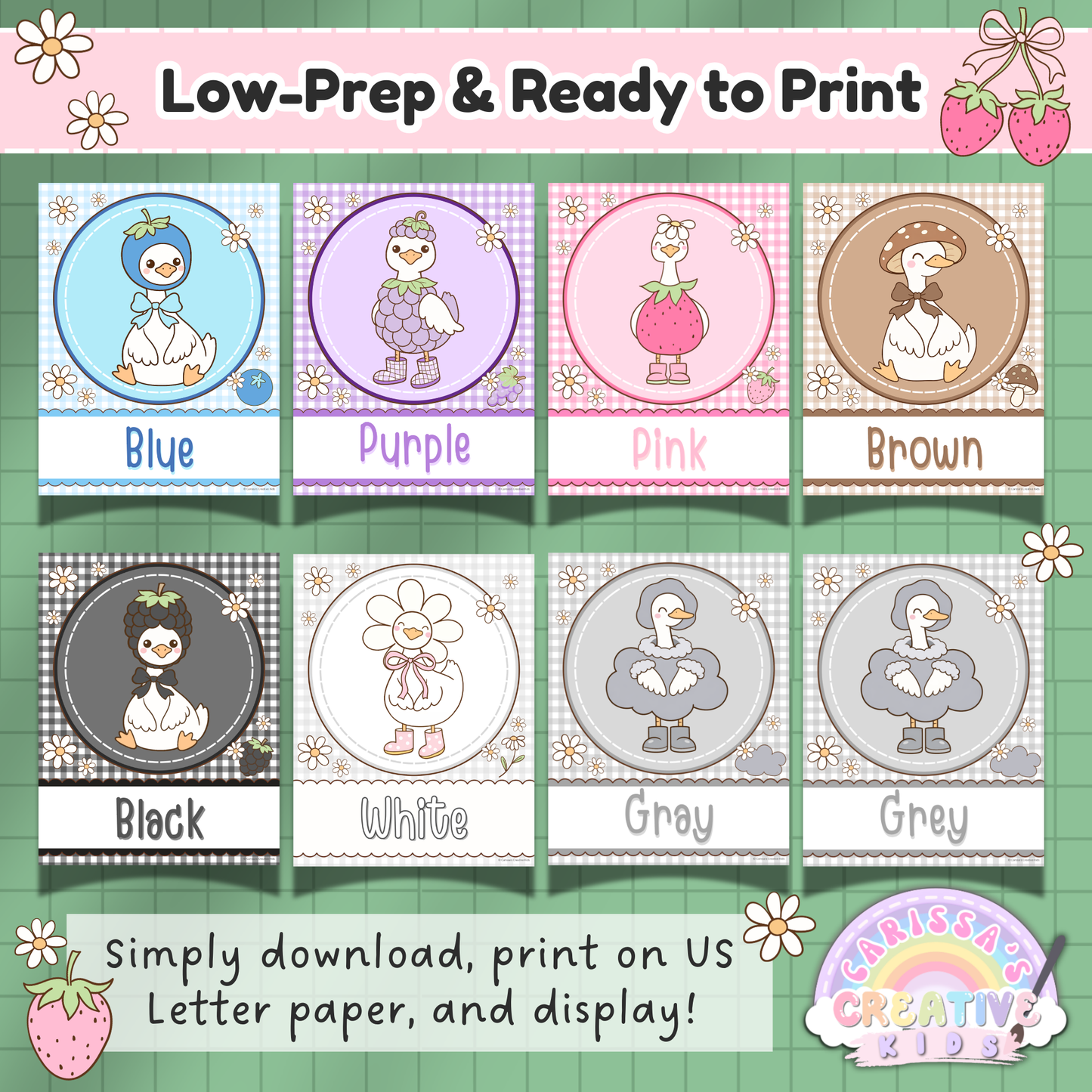 Goose-Berry color posters ready to print for preschool classroom decor featuring blue, purple, pink, brown, black, white, and gray printable classroom posters in a pastel silly goose classroom theme.