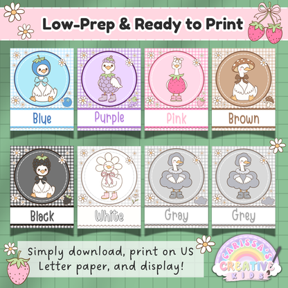 Goose-Berry color posters ready to print for preschool classroom decor featuring blue, purple, pink, brown, black, white, and gray printable classroom posters in a pastel silly goose classroom theme.