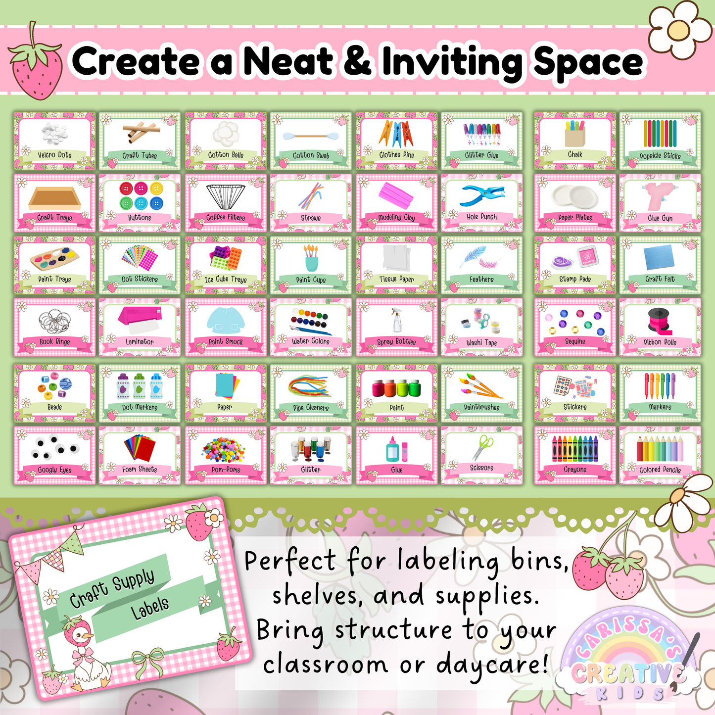 Craft supply labels from the Goose-Berry classroom collection shown in use. Features 50+ labels with pastel pink and green gingham borders, cute graphics, and strawberry accents. Ideal for organizing art materials, bins, and shelving in preschool or daycare settings. Includes editable Canva template for text customization.