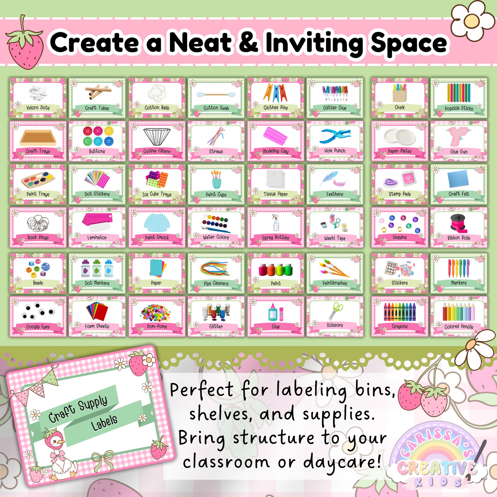 Craft supply labels from the Goose-Berry classroom collection shown in use. Features 50+ labels with pastel pink and green gingham borders, cute graphics, and strawberry accents. Ideal for organizing art materials, bins, and shelving in preschool or daycare settings. Includes editable Canva template for text customization.
